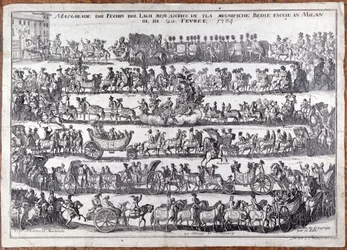 Masquerade: Procession and Dance of People in Masks on the Occasion of Carnival. Milan 20/02/1764. 18th Century Engraving