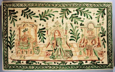 Decorative plaque depicting Constance of Hauteville, Roger of Sicily and Frederick II of Hohenstaufen