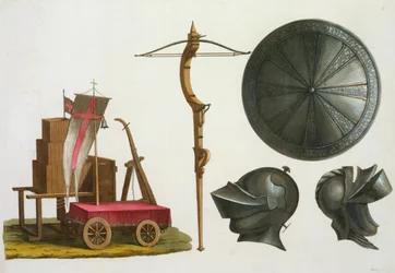 Milanese chariot, crossbow and armour, plate 17 from Le Costume Ancien et Moderne, by Jules Ferrario