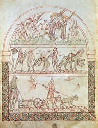 The earthly city with the hardships and misfortunes of mankind and the judgement of a soul, from The City of God by St Augustine, 11th-12th century