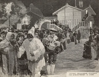 Music kiosk to raise money for blind, Pulcinella mask, Carnival in Naples, Italy, engraving by Gamberoni from L
