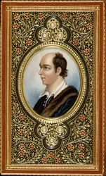Oval miniature portrait of Oliver Goldsmith, framed with gilt trefoils set with three pearls