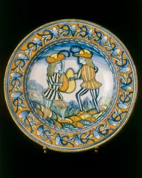 Plate with two soldiers combating with swords, Deruta manufacture