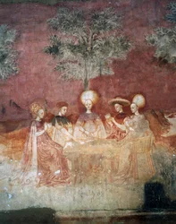 Playing with tarot cards, scene from the Games cycle, ca 1445-1450, fresco, Palazzo Borromeo, Milan