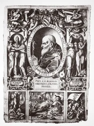 Pope Pius V, with vignettes of the Battle of Lepanto, from Vita del Gloriosissimo Papa Pio Quinto, pub. 1586