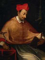 Portrait of St Charles Borromeo (1538-1584), Italian archbishop and cardinal, painting by anonymous, church of San Carlo, Arona, Piedmont, Italy
