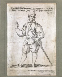 Portrait of the Neapolitan Fisherman and Revolutionary Masaniello (1623-1647) (portrait of Masaniello, Neapolitan fisherman and leader of the revolt against Habsburg rule in Naples in 1647). 17th-century engraving. Museo Nazionale di San Martino, Naples