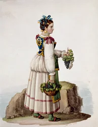 Portrait of young woman from Capri, in traditional dress, holding grapes - (Old trade: young woman from Capri, holding grapes), 19th century, Museo Nazionale di San Martino, Naples