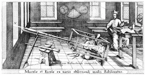 Projecting the image of the Sun through a refracting telescope in order to study sunspots, illustration from Rosa Ursina by Christoph Scheiner, published in 1630