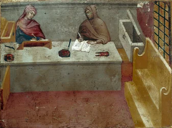 Representation of a camerlinguist, assistant of a copyist. Anonymous painting on wood of a Biccherna