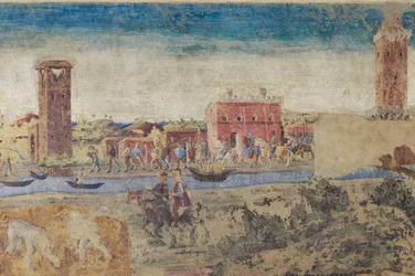 River, towers and country life, (detail), Hall of the Months, Lower section: Life scenes of Borso d