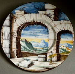 Ruin and landscape. Ceramic plate produced in Angarano, Italy. Circa 1650. National Museum of Bargello, Florence, Italy