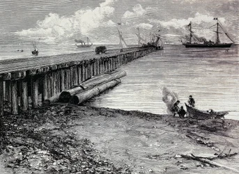 San Leon mine, boarding deck of ore for Maddalena, Engraving, Sardinia, Italy