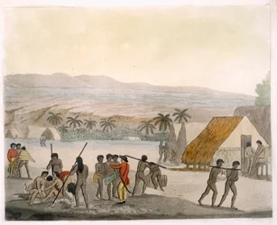 Sandwich Islands - a Westerner negotiating for stores, plate 92 from Le Costume Ancien et Moderne, by Jules Ferrario