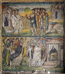 Scenes from the The Life of Moses: the return of the twelve spies sent by Moses to the promised land, Attempted stoning of Moses