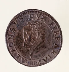 Silver coin (testone) from Ferrara: reign of Duke Alfonso II d’Este (1559-1597). Diameter 2.7 cm. Rome, Museo Nazionale delle Terme