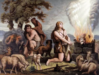 The Adoration of the Lamb (Cain and Abel) - Cain and Abel (sacrificing a sheep) in Aurea Bibbia Classica: Storia della Rivelazione Divina nell