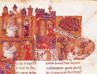 The Greek philosopher Aristotle (383-322 BC) teaches his students morality and contempt for women (misogyny). Miniature from an Italian manuscript of the 14th century