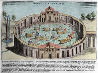 The Naumachia of Neron, representation of a naval battle in Rome. Engraving (17th century).