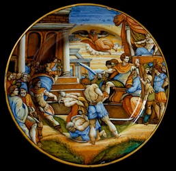 The martyrdom of the brothers John and Paul under the reign of Emperor Julian the Apostate (Flavius Claudius Julianus, 331-363), produced in Urbino, Italy. Circa 1540, Florence, Museo Nazionale del Bargello