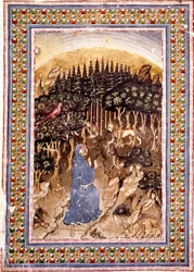 The poet Dante finds himself in a dark forest. Illuminated page of the first song of Hell from the 