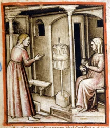 The spinning of wool in the 14th century. Miniature from codex 212 (or padovano codice or Bible of Padua) 1390-1400 Rovigo, Accademia dei Concordi