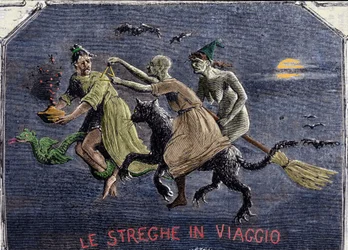 The witches on their way to the Sabbath: one is on a black cat, another on a broom, and the third carries an elixir on a dragon. Engraving