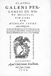 Titlepage to Claudii Galeni Pergameni De Motu Musculorum Libri Duo, a collection of works by Claudius Galen, published in 1549