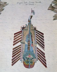 Trireme (ship with three banks of oars), from On maritime militia treatise, by Cristoforo Canal, Italy
