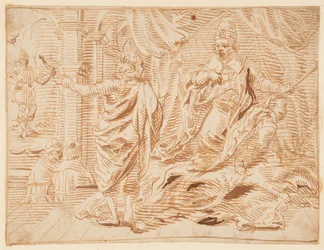 Unidentified scene with an emperor and a man seen from behind announcing a knight