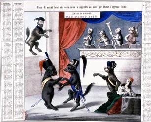 Unity of Italy: allegorical calendar of the year 1865: cartoon depicting the lion Giuseppe Garibaldi apprehending to jump on the French mouse and the Austrian fox to liberate Italy. The musicians are cats. Epoque print. Private Collection