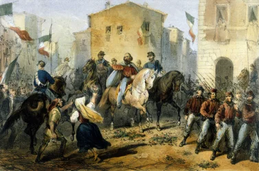 Unification of Italy: the expedition of the Thousand or Red Shirts led by Giuseppe Garibaldi (1807-1882). Arrival to Messina in Sicily. Drawing late 19th century
