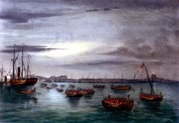 Unification of Italy: the expedition of the Thousand or Red Shirts led by Giuseppe Garibaldi (1807-1882). Departure of the first fleet of the Garibaldi army from the lighthouse of Messina in Sicily towards Calabria. 1860 Lithograph of the 19th century
