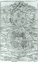 View from the North of the Aztec City of Tenochtitlan, from Relatione della Citta del Temistitan by Giovanni Battista Ramusio, Published in Venice 1606