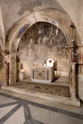 View of the Presbytery of the Upper Church with the Main Altar in Cosmatesque Style, Monastery of Saint Benedetto, Subiaco, Rome, Italy