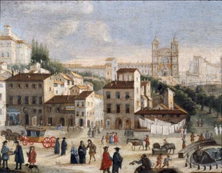 View over Spain square and saint Trinity church in Rome - 17th century