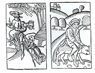 Witches disguised as animals riding a broomstick and male witch riding a wolf, copies of illustrations from Compendium Maleticarum by Fr M Guaccius, used in History of Magic