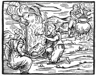 Witches roasting and boiling infants, copy of an illustration from Compendium Maleticarum by Fr M Guaccius, used in History of Magic
