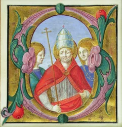 Historiated Initial S Depicting St. Gregory and Two Saints