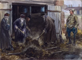 A Group of Russian Priests Forced to Clear the Barrack Stables by Ivan Alexeyevich Vladimirov