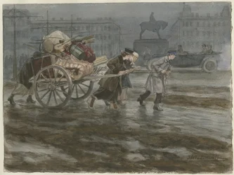 Family Moving its Belongings on Cart from the Series of Watercolors Russian Revolution