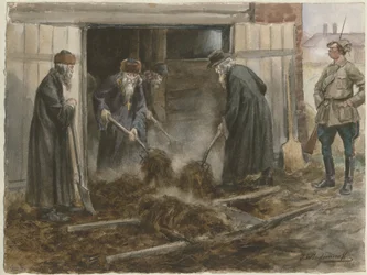 Russian clergy shoveling hay: September 1918 from the series of watercolors Russian revolution