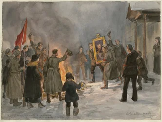 Soldiers Burning Paintings (from the series of watercolors Russian Revolution)