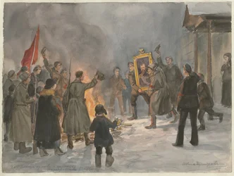 Soldiers burning paintings from the series of watercolors Russian revolution