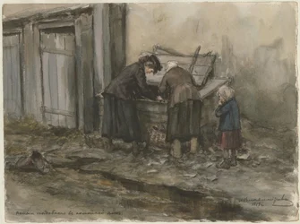 Two Women and a Child Searching Through Trash Bin from the Series of Watercolors Russian Revolution