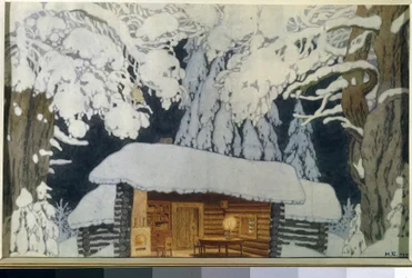 Wooden House in the Snowy Forest. Set Design for the Play 