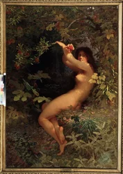 Eve with Pomegranate. Eve naked and seductive, in the Garden of Eden, picking the fruit of knowledge.
