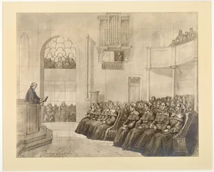 Diaconissen-Kirche, Pastor Fliedner preaching to the deaconesses in the chapel at Kaiserswerth, 1840