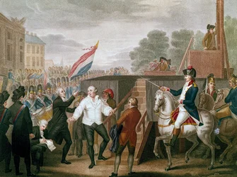 French Revolution: King Louis XVI with his confessor Edgeworth on 21/01/1793. The king rising to the scaffold. Illustration by J. F. Cazenave, 1793