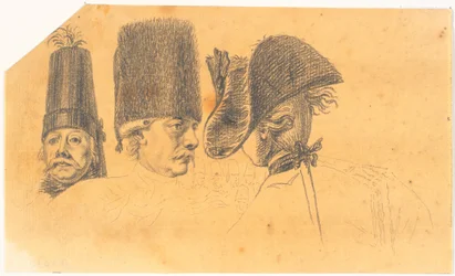 Preparatory work for three of the heads for the engraving: Frederick the Great rides home after a review at Potsdam